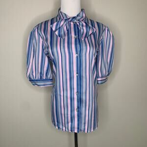 Striped Tie Neck Short Sleeve Blouse Large